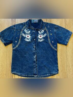 Vintage Tasty Bedazzled Rhinestone Embroidered Denim Shirt Jacket S